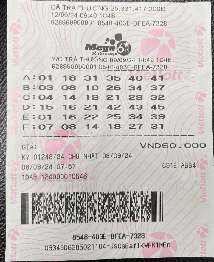 Doanh nhân Bình Định trúng Jackpot Mega 6/45 trị giá hơn 28 tỷ đồng